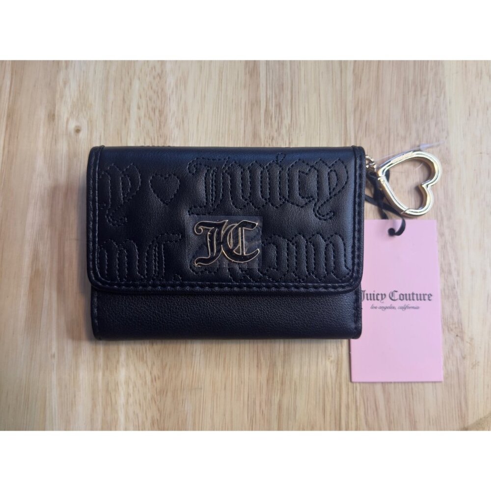 Juicy Couture Black Quilted Logo Wallet With Heart Keychain - Womens Compact Fau